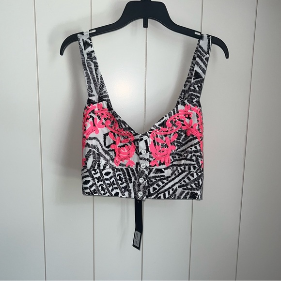 NWR LF Kiwi Tucker printed neon embroidered button down crop top - Picture 2 of 16